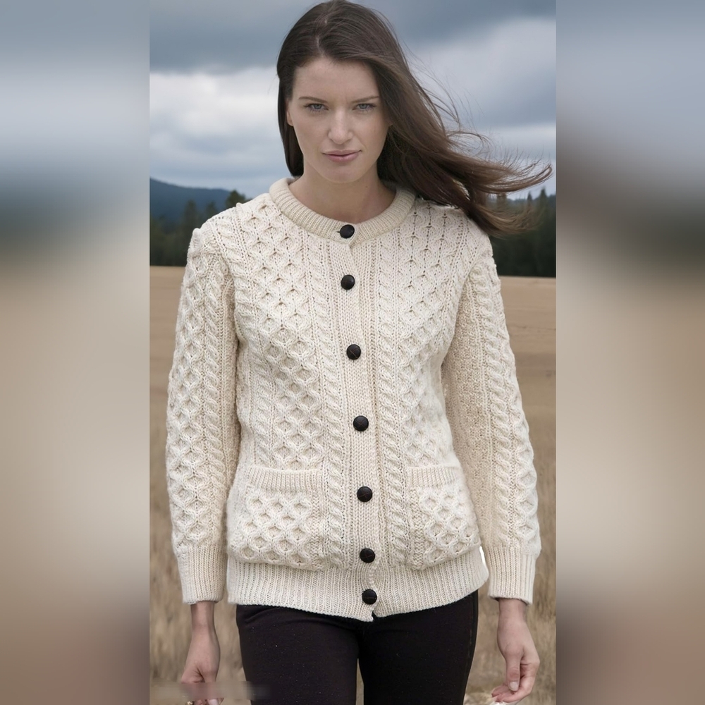 Vintage Aran Irish Boyfriend Crew Neck Cardigan Designer